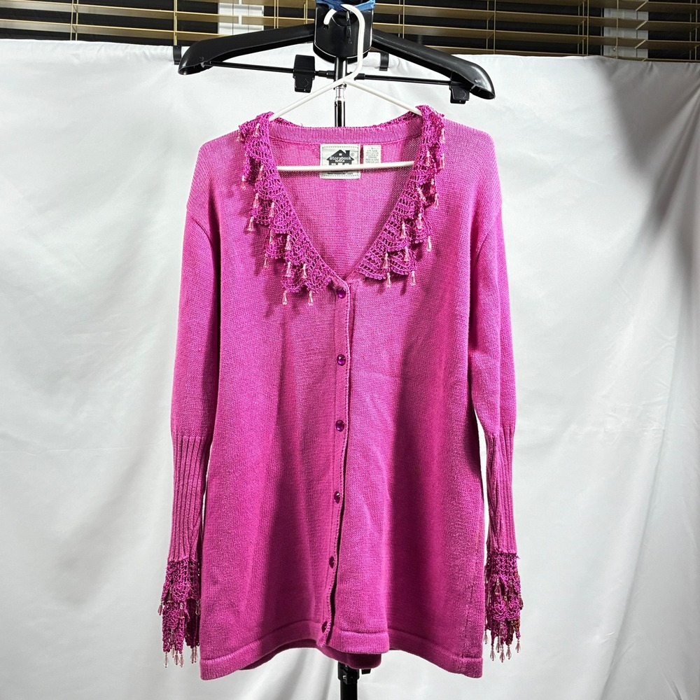 Storybook Knits Pink Beaded Crochet Lace Cardigan Sweater Size L Vintage Y2K